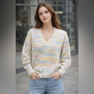 27 Miles Cashmere Sweater Womens Medium Multicolor Camo V Neck Knit Pullover
